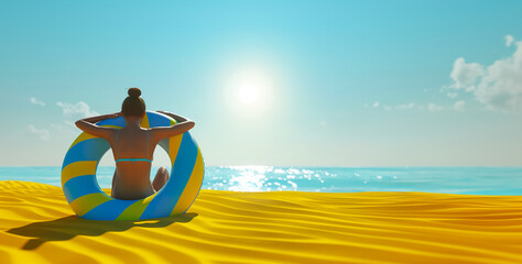 Minimal design of summer scene background wallpaper with people sitting on deckchair with beach umbrella in sunlight mood.vacation and relax concepts design