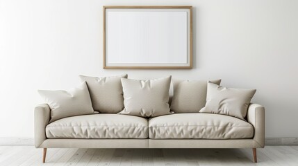 interior design of modern living room with beige fabric sofa and cushions. White wall with frame and space for text, living, furniture