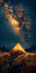 Tent in Field Under Starry Night Sky