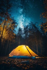 Tent Pitched in Woods With Milky Way Background