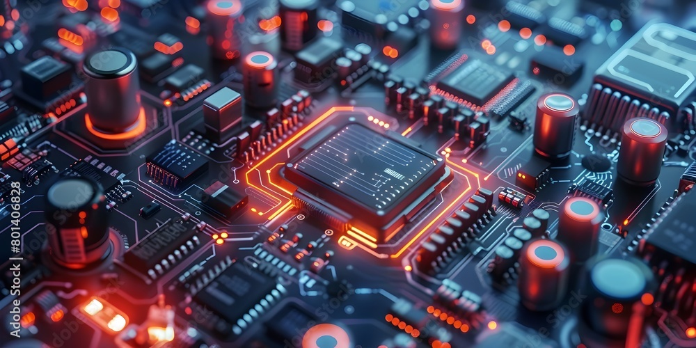 Poster futuristic circuit board with illuminating microchips and interconnected components showcasing techn