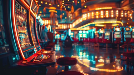 Vibrant interior of a casino with rows of slot machines and colorful lighting.