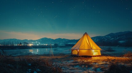 Tent Set Up in Snow at Night