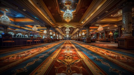Fototapeta premium Luxurious casino interior with ornate details, vibrant carpet, chandeliers, and elegant seating arrangements.