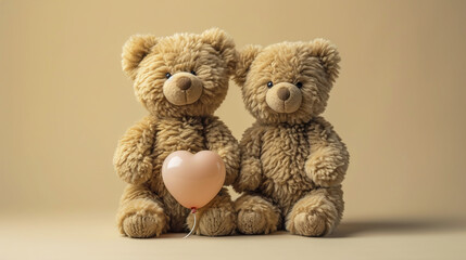 Obraz premium Two Teddy Bears with a Heart-Shaped Balloon on a Light Beige Background with Copy Space 