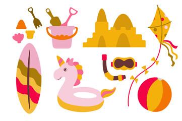 Set for a summer beach holiday. Children's accessories for playing on the beach. A set of vector summer illustration