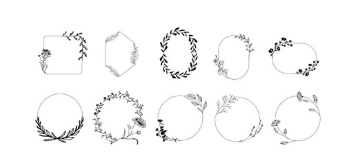Fototapeta premium Botanical circle frame. Hand drawn round line border, leaves and flowers, wedding invitation and cards, logo design and posters template. Elegant minimal style floral vector isolated set