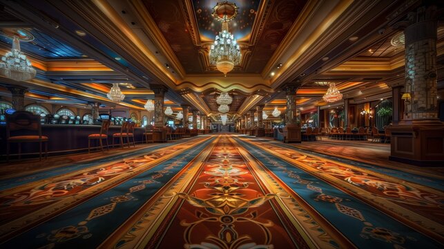 Luxurious casino interior with ornate details, vibrant carpet, chandeliers, and elegant seating arrangements.