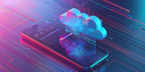 Glowing neon cloud computing in 3d on smartphone Cloud network connecting and online data storage Data Internet service in futuristic technology