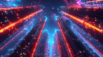 A futuristic cityscape with towering skyscrapers adorned in geometric patterns, pulsating with neon lights against a starry backdrop.