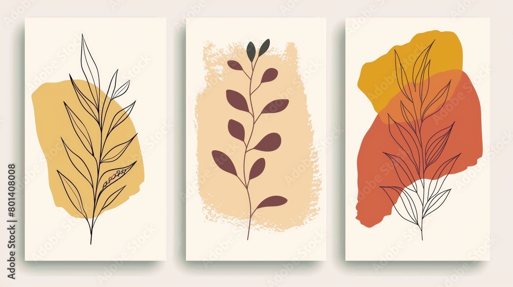 Sticker a set of three minimalistic botanical art panels with abstract colorful backdrops and elegant plant 