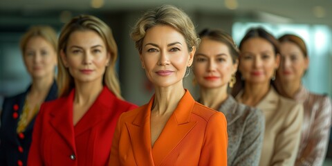 a snapshot of Ukrainian mature female officials coming together in the office for a group photo, the blurred background subtly accentuating their poised and professional demeanor