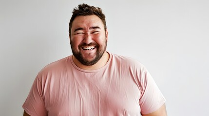 Cheerful man laughing joyfully in a casual pink t-shirt, studio portrait. Happiness and positive emotions concept photo. AI