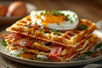 Plate of Waffles With Bacon and Eggs