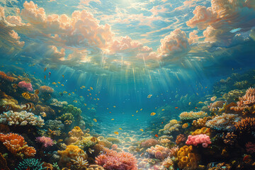 An underwater scene with coral reefs and fish, surrounded by the soft glow of sunlight filtering through clouds above. Created with Ai