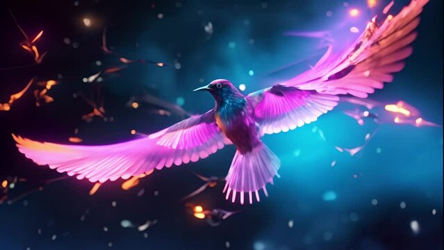 A stunning digital artwork featuring a bird with glowing neon pink and blue feathers against a dark, starry background.