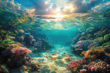 A beautiful coral reef under the sea. Created with AI