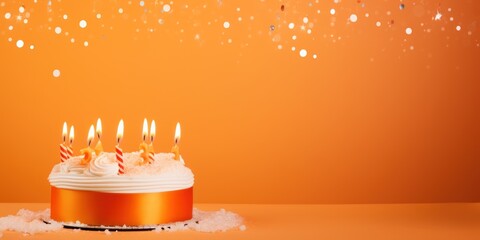 Orange background with birthday cake with candles pastel backdrop empty blank copyspace for design text photo website web banner backdrop 