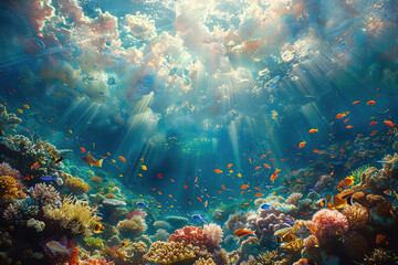 Fototapeta na wymiar An underwater scene of coral reefs and marine life, with rays of sunlight filtering through the water's surface. Created with Ai