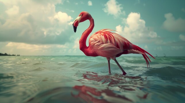 A vivid pink flamingo stands gracefully in turquoise waters under a cloudy sky.