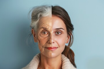 Skin smoothing and gray hair care in portraits depicting aging split representation with resilience and two age stages.