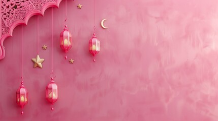 Festive Eid Mubarak background with pink lanterns, stars, and a crescent moon on a textured pink surface.