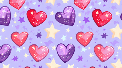 Seamless pattern of pixelated hearts and retro-style stars on a lavender background