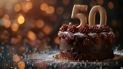 A luxurious chocolate cake decorated with number 50 topper for a 50th birthday celebration.
