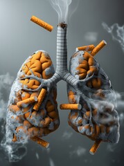 Surreal concept image of human lungs being pierced and engulfed by burning cigarettes in a smoky setting - obrazy, fototapety, plakaty