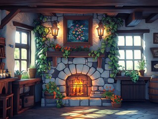 Digital illustration of a small, cozy room with pirate-themed decor, medieval ambiance, warm fireplace, and detailed low poly design - obrazy, fototapety, plakaty