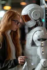 Focused female engineer with glasses programs an advanced humanoid robot, teaching it equations in a high-tech laboratory setting - obrazy, fototapety, plakaty