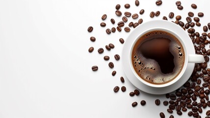 Fototapeta premium Hot coffee decorated with coffee beans coffee pattern background image.