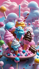 Colorful ice cream balls, pastel colored tasty flavour particles, summer fun joy funny joyful background.