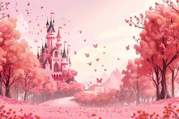 wallpaper illustration of a princess castle, pink castle and pink forest cartoon, pink tree
