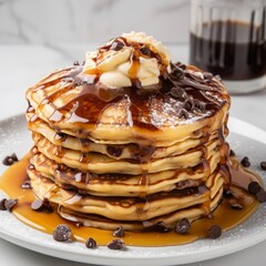 stack of pancakes with chocolate chips and melting butter