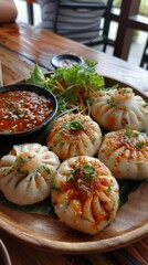 Plate of Dumplings With Sauce on Table