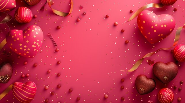Vibrant Valentine's Day themed image featuring decorative hearts and ribbons on a pink background.