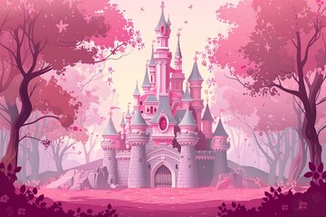 wallpaper illustration of a princess castle, pink castle and pink forest cartoon, pink tree