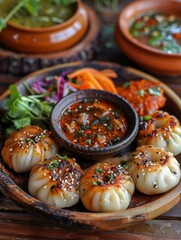 Plate of Dumplings With Dipping Sauce