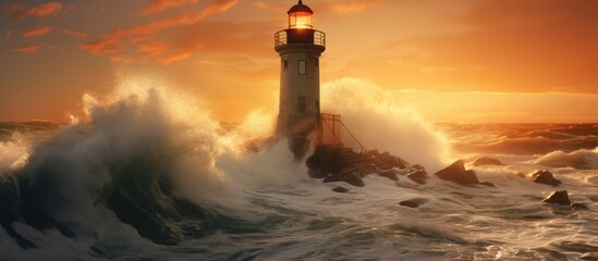 concept of waves crashing against a lighthouse with a sunset in the background
