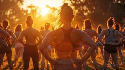 A group of women are doing an outdoor workout at sunset.