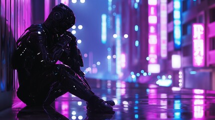  A humanoid robot pondering its existence in a neon-lit metropolis at midnight