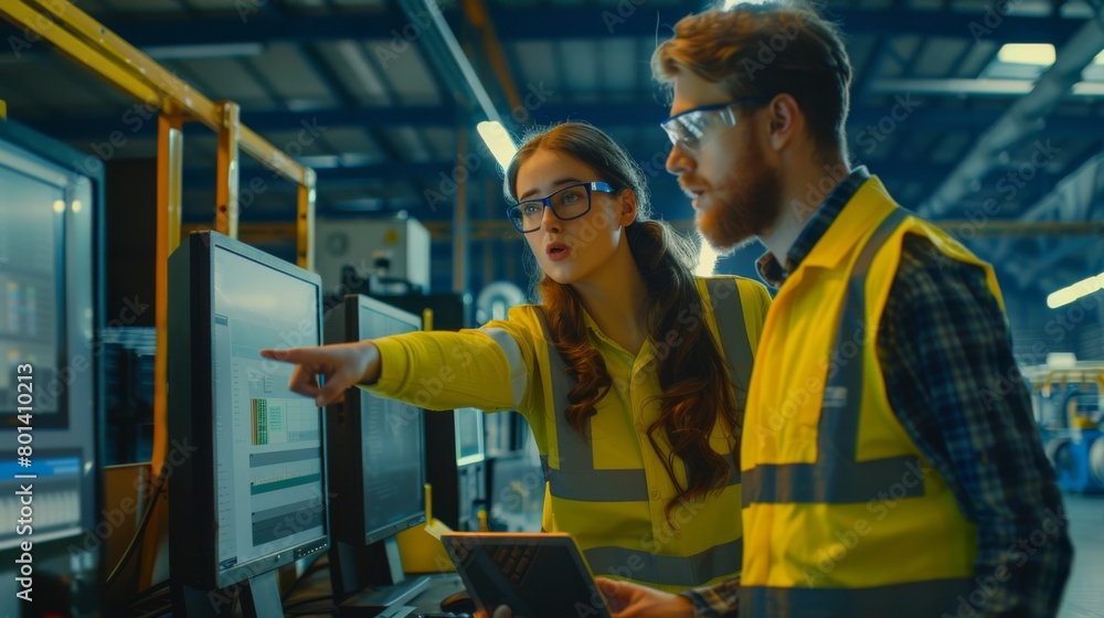 Poster engineers collaborating in factory