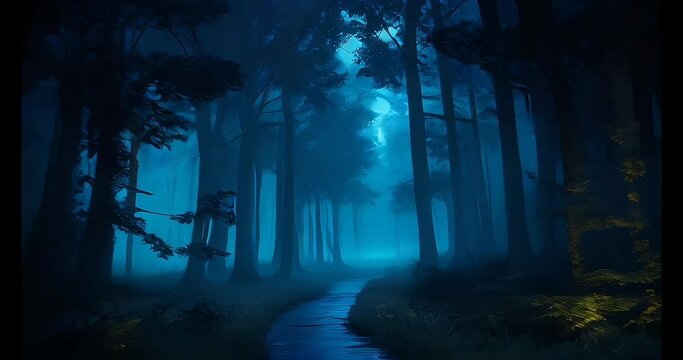 Walking through a dark and mystical forest in the night while above a river. Blue themed forest full of wonders