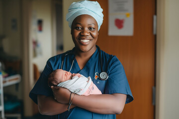 Happy nurse midwife holds newborn baby in arms at hospital. International Nurses Day concept. - Powered by Adobe