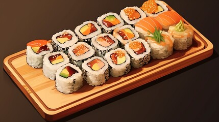 Delicious sushi rolls on a wooden tray for Japanese food concept.
