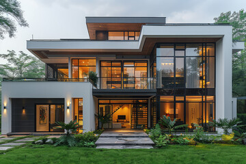 Modern two-story villa, white walls and black windows combined with wood materials, large glass curtain wall on the first floor of each level. Created with Ai