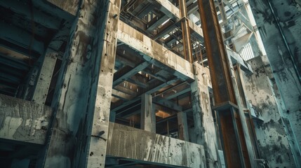 Detailed view of an old, rusting, and weathered industrial structure with metallic beams and concrete.