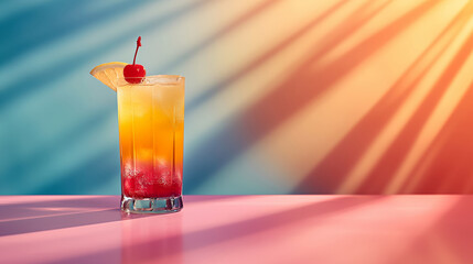 An exotic cocktail that evokes wild parties, summer, fun, and the beach, surrounded by a creative background with warm, vibrant colors in the spirit of good times.