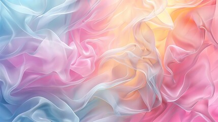 Obraz premium Abstract image of colorful, flowing fabric textures in pastel shades of pink, blue, and yellow.